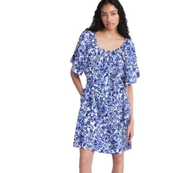 Free Assembly Womens Mini Dress Painted Quark Blue Floral Pockets L New - Picture 1 of 4